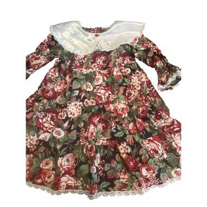 Rose Cottage Vintage Christmas Dress Holiday Red Victorian Floral Prairie 4 FLAW